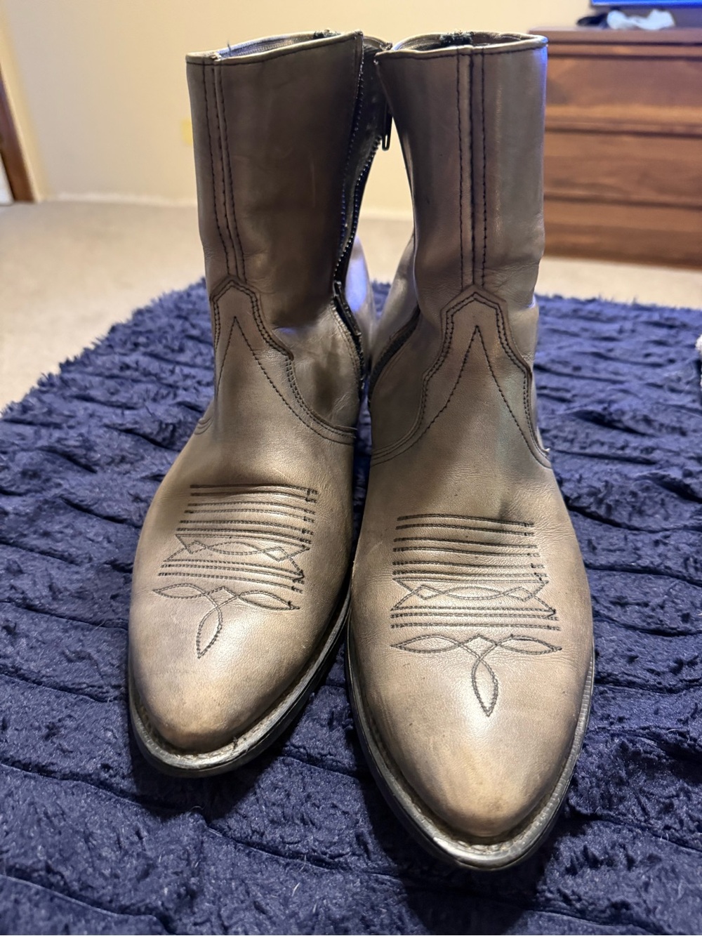 Men's grey Leather Western Zip Ankle Boots